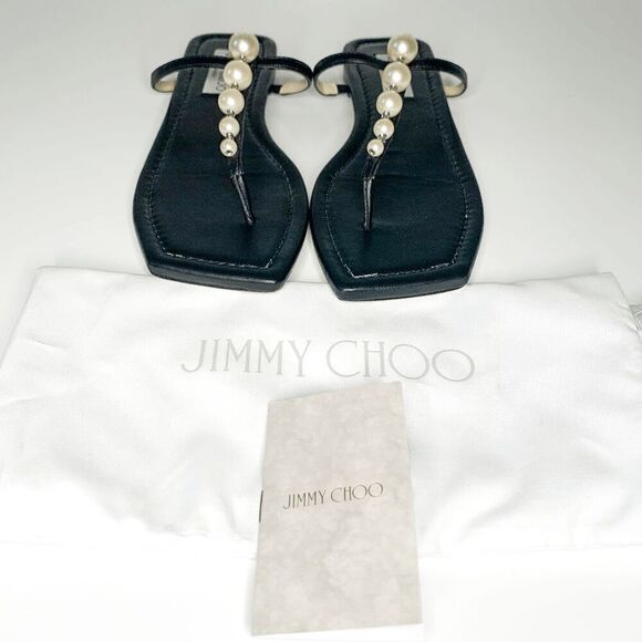 Jimmy Choo Alaina Faux Pearl Embellished Leather Flat Sandals EU 38 US 8 Black - Picture 2 of 9